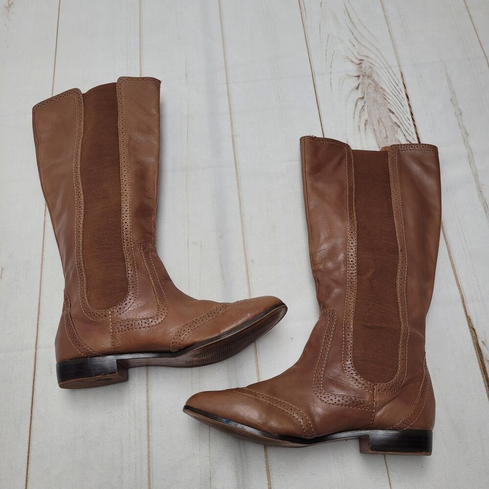 Zara tan knee high leather western boots wing tip pull on cottagecore
